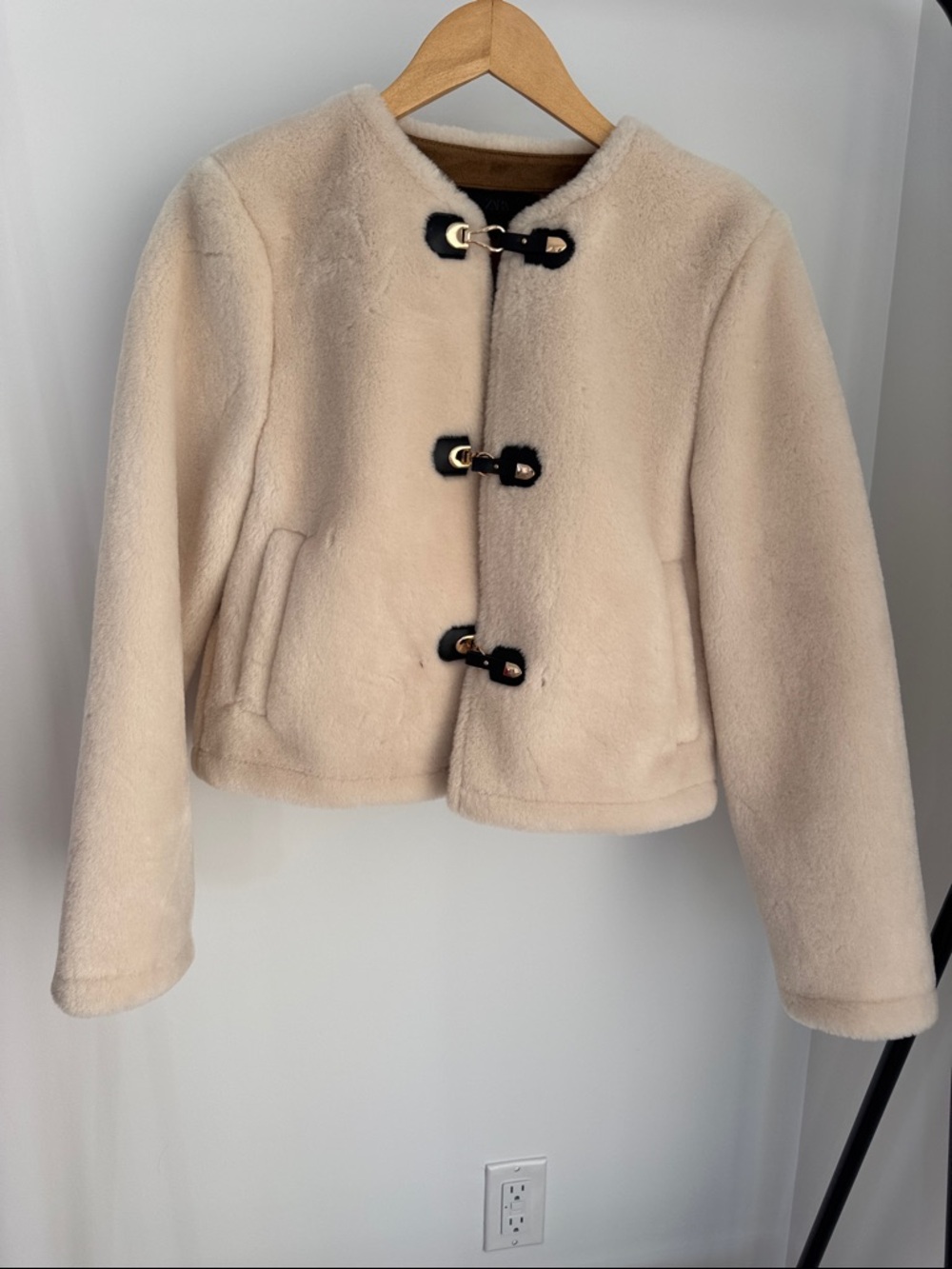 Zara Cream Faux Shearling Toggle Coat